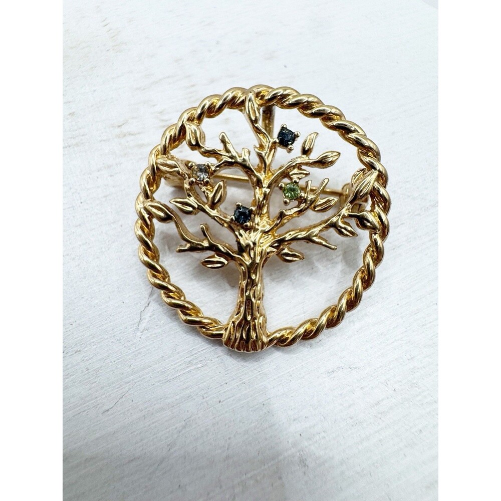 Tree Of Life Small Round Brooch Pendant Colorful Rhinestones